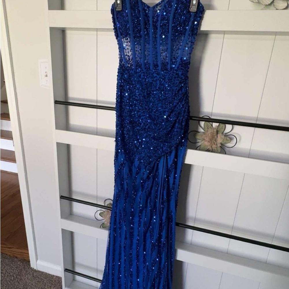 Jovani Blue Sequin Maxi Dress